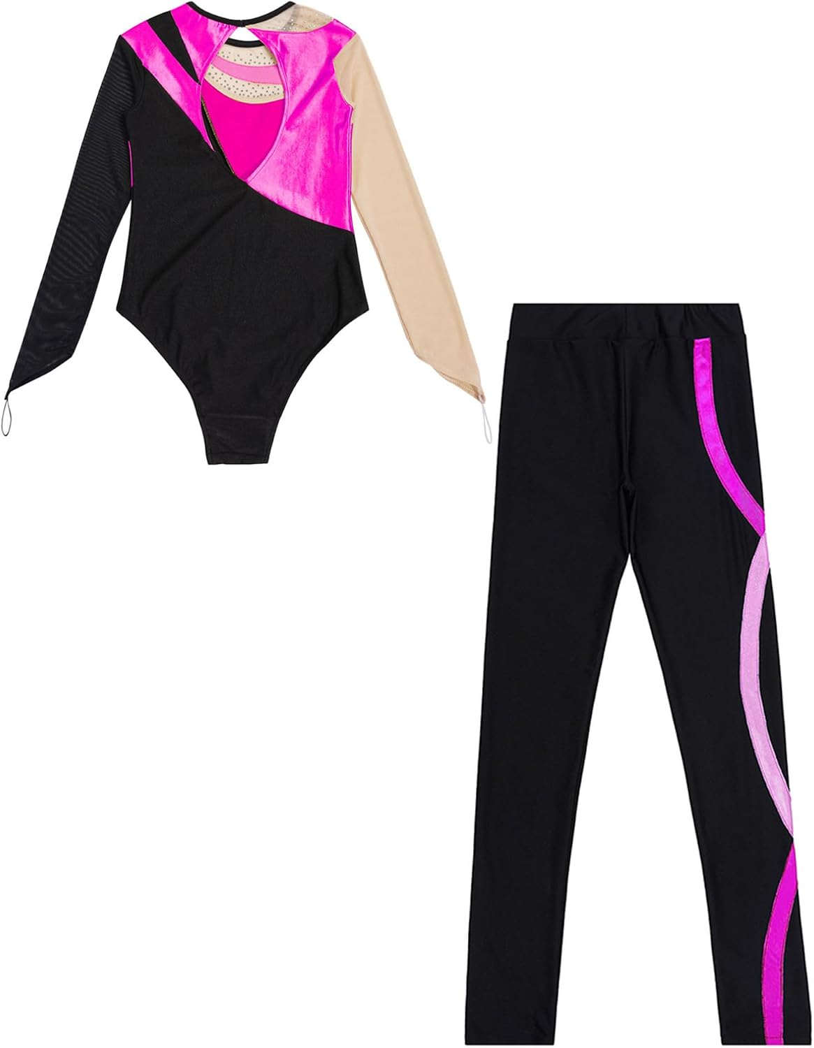 ranrann Girl's Mesh Long Sleeve Gymnastics Leotard Biketard with Striped Print Yoga Skating Dance Leggings Pants Set
