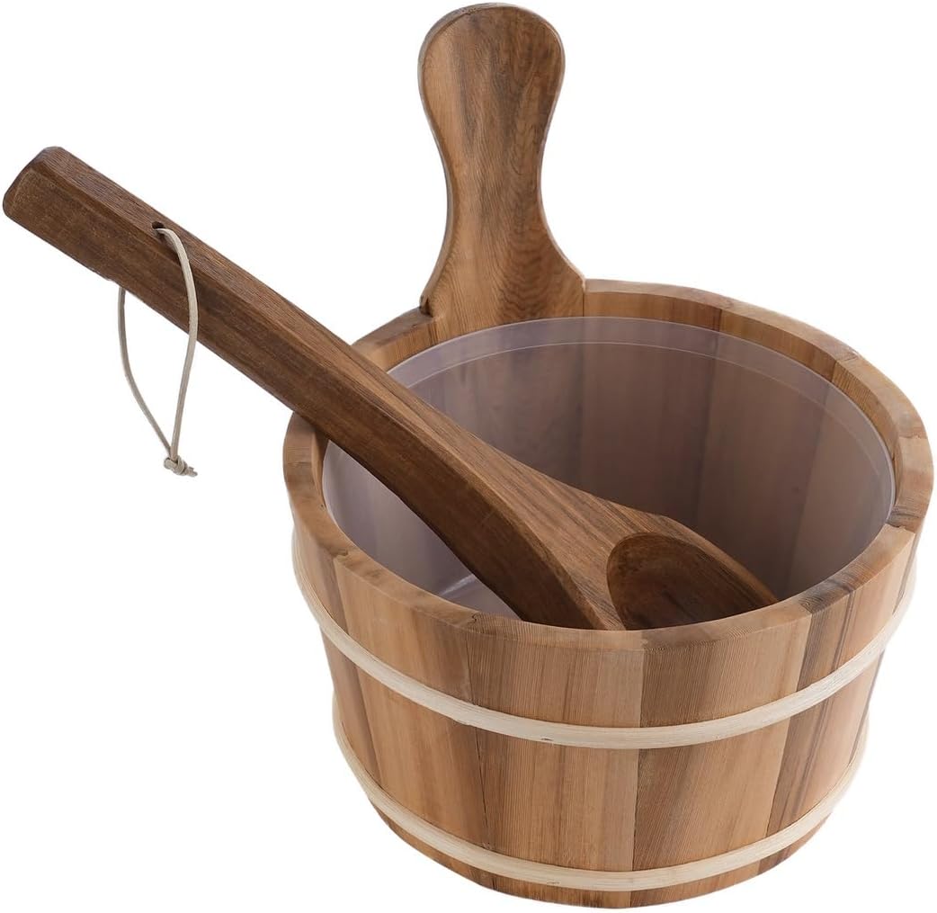 BOSREROY Wood Sauna Bucket and Ladle – 1 Gallon Handmade Cedar Sauna Bucket with Plastic Liner, 4L Capacity for Sauna, Spa & Bathroom