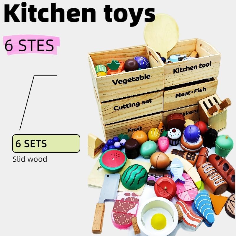 Miniatura 4 de Juguetes de cocina, juguetes de madera y 6 cajas, comida falsa, herramienta de cocina, 100% madera, juegos de alimentos, cocina para niños, frutas,