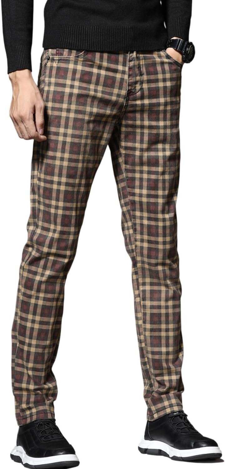 HENGAO Men's Straight Fit Plaid Chino Pants
