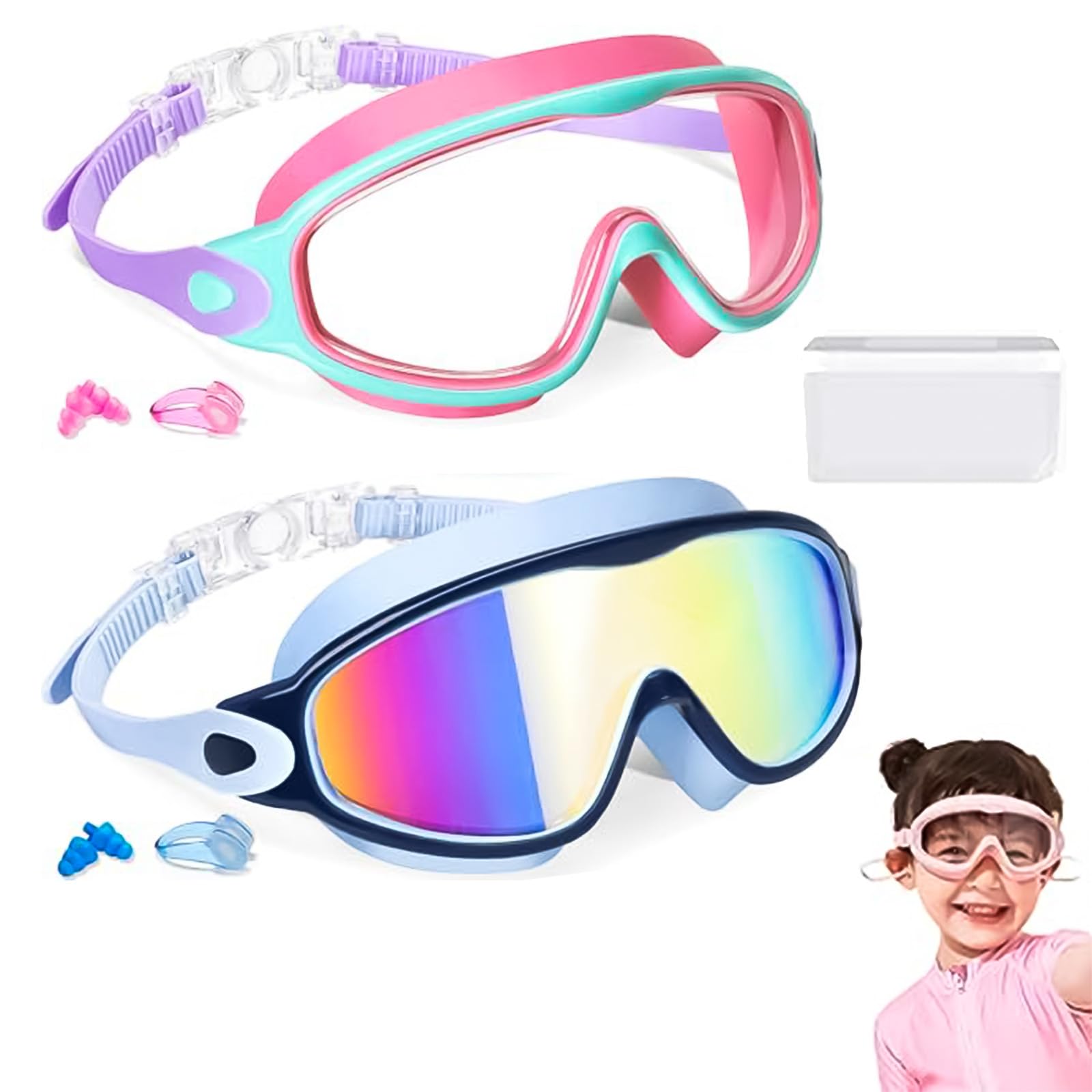 NNBWLMAEE My Cool Summer Goggles, Hd Large Frame Waterproof and Anti-Fog Swimming Goggles, with 180°Panoramic Lenses, Leak-Proof Silicone Frame, Ear Plugs Nose Clip, for Audlt Kids (A+B, Adult)