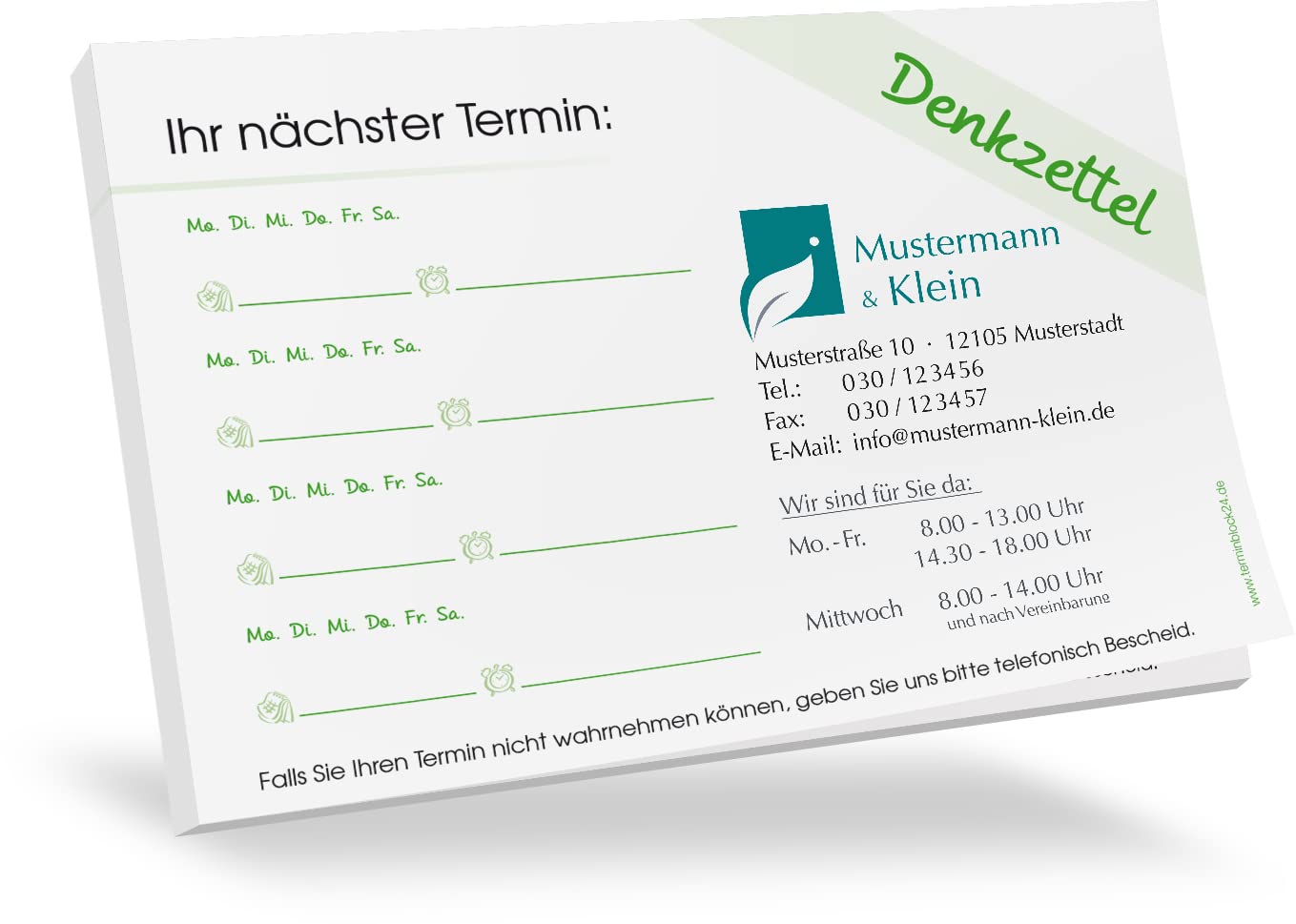 200 Terminblöcke Classic #1 individuell bedruckt mit Ihrem Text und Logo! 50 Blatt je Block, 74 x 105 mm (DIN A7), quer, mehrere Grundfarben und Terminfelder wählbar
