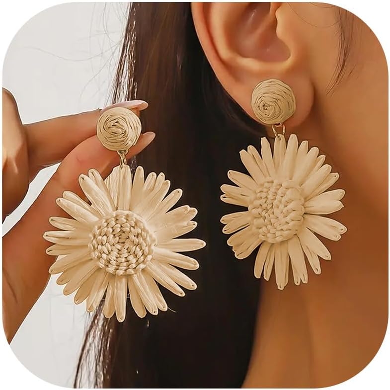 Handwoven Raffia Sunflower Earrings Boho Chic Dangle Jewelry for Summer OutfitsD Spring Earrings Beach Vacation Accessories 2025 Lightweight Women's Dressy Tropical Style