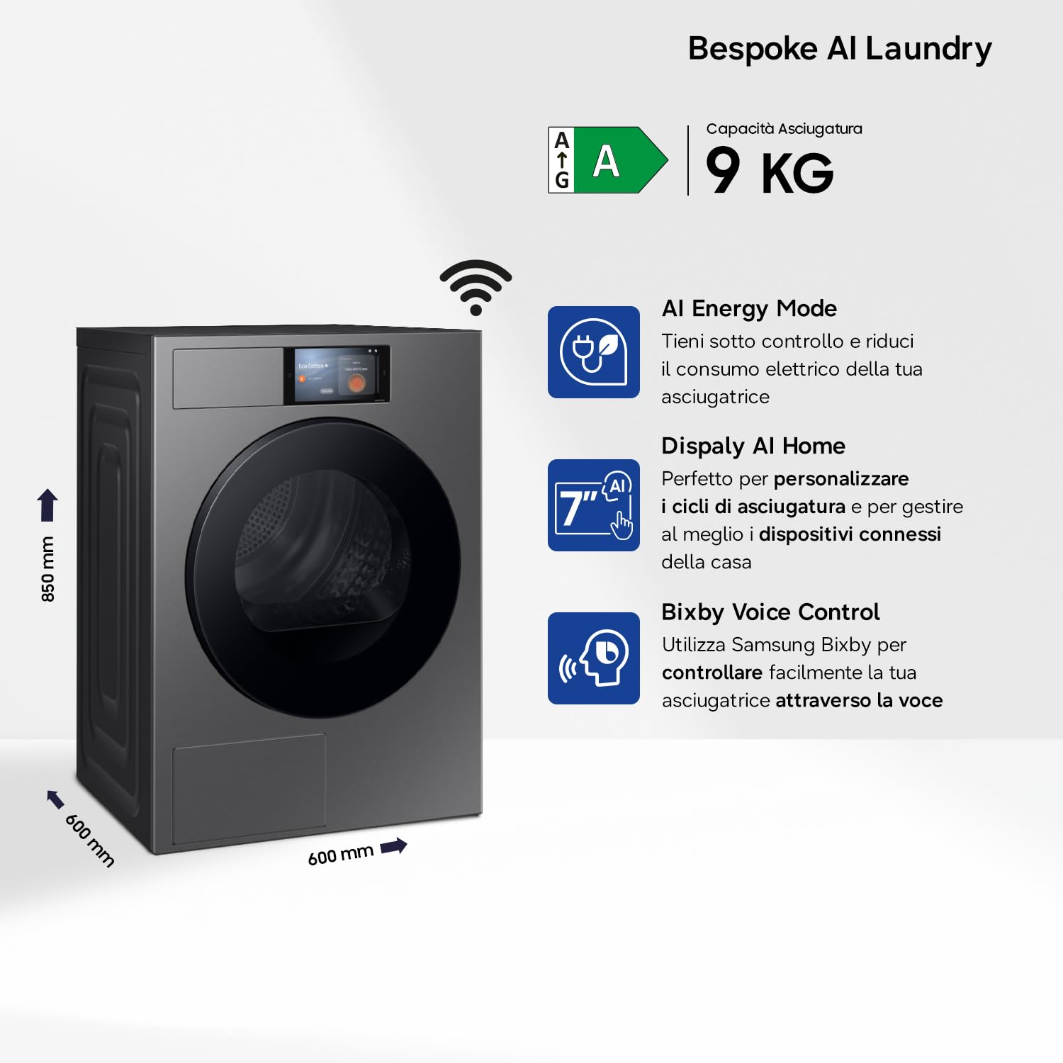 Samsung Asciugatrice Bespoke AI DV90F09F4S/U3, 9 kg, Pompa di Calore, Wifi, Controllo Vocale, Display AI Home, AI Dry, Carica Frontale, 60L x 85H x 60P cm