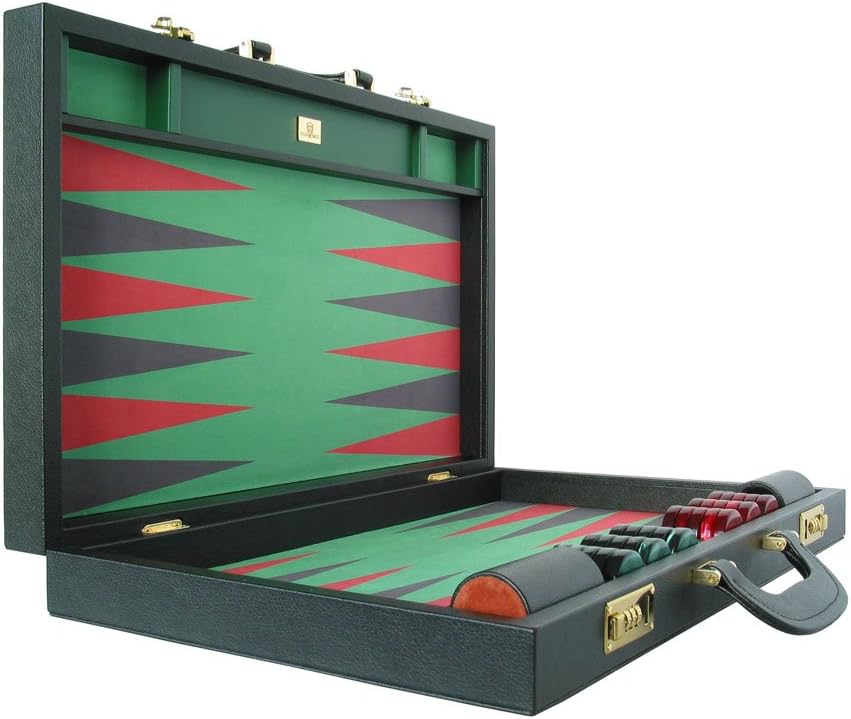 Leather/Microfiber Backgammon Set - (23" Large Attache Case, Zaza & Sacci) - Black/Green