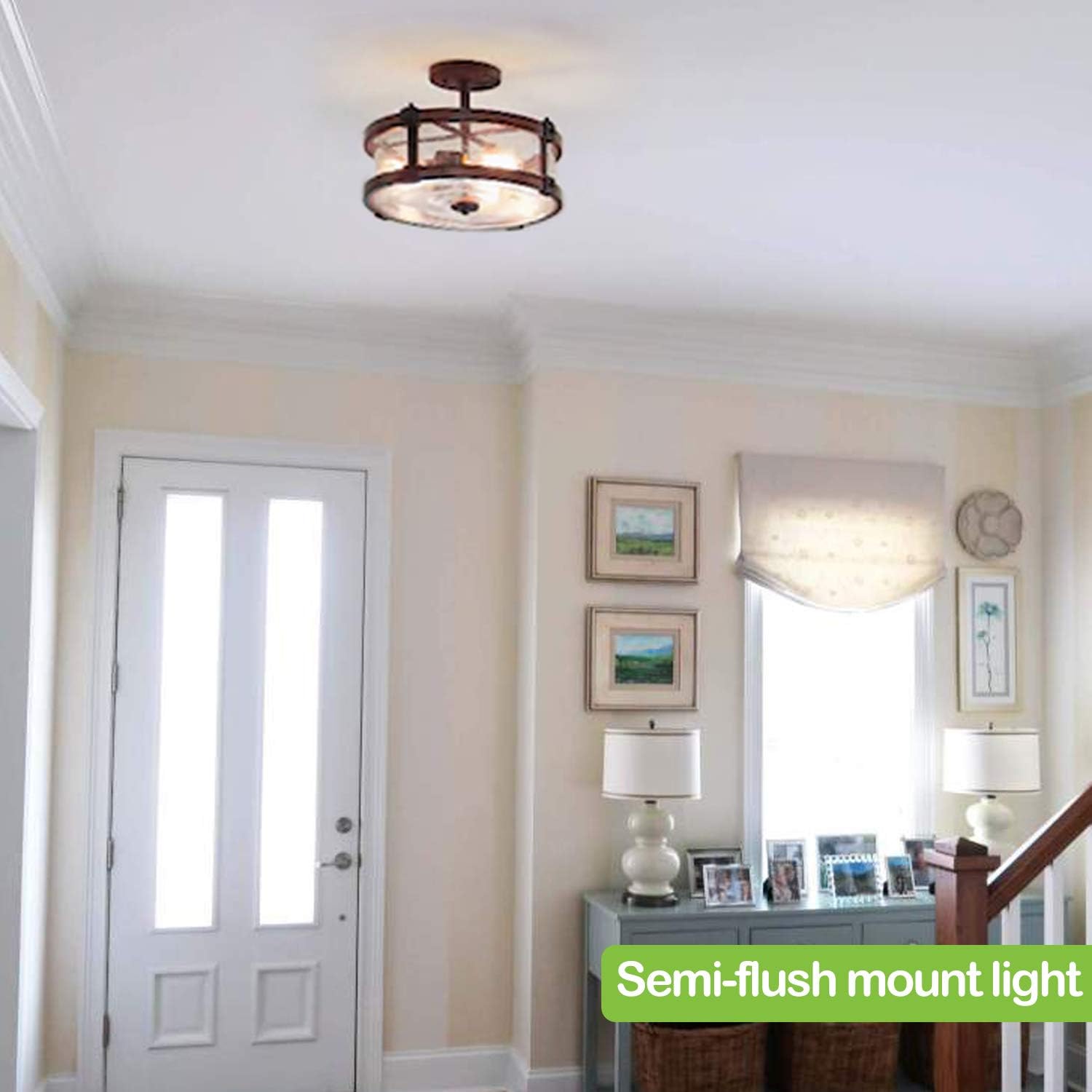 70% оƒƒ Evеrуthіng hykolity 3 Light Close to Ceiling Light, Industrial Semi Flush Mount Light Fixture W/ Bubble Glass Lampshade, Black & Faux Wood Metal, for Entry,hallway, Bedroom (Bulb Not Included)