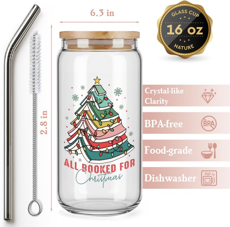 Funny Christmas Cups Mug Bookish Gifts for Women,Friends,Sister,Reader,All Booked for Christmas Tree Glasses Tumbler Gifts,Book Club Gift 16oz Drinking Glass Coffee Cups with Lid and Straw-75 - Image 2