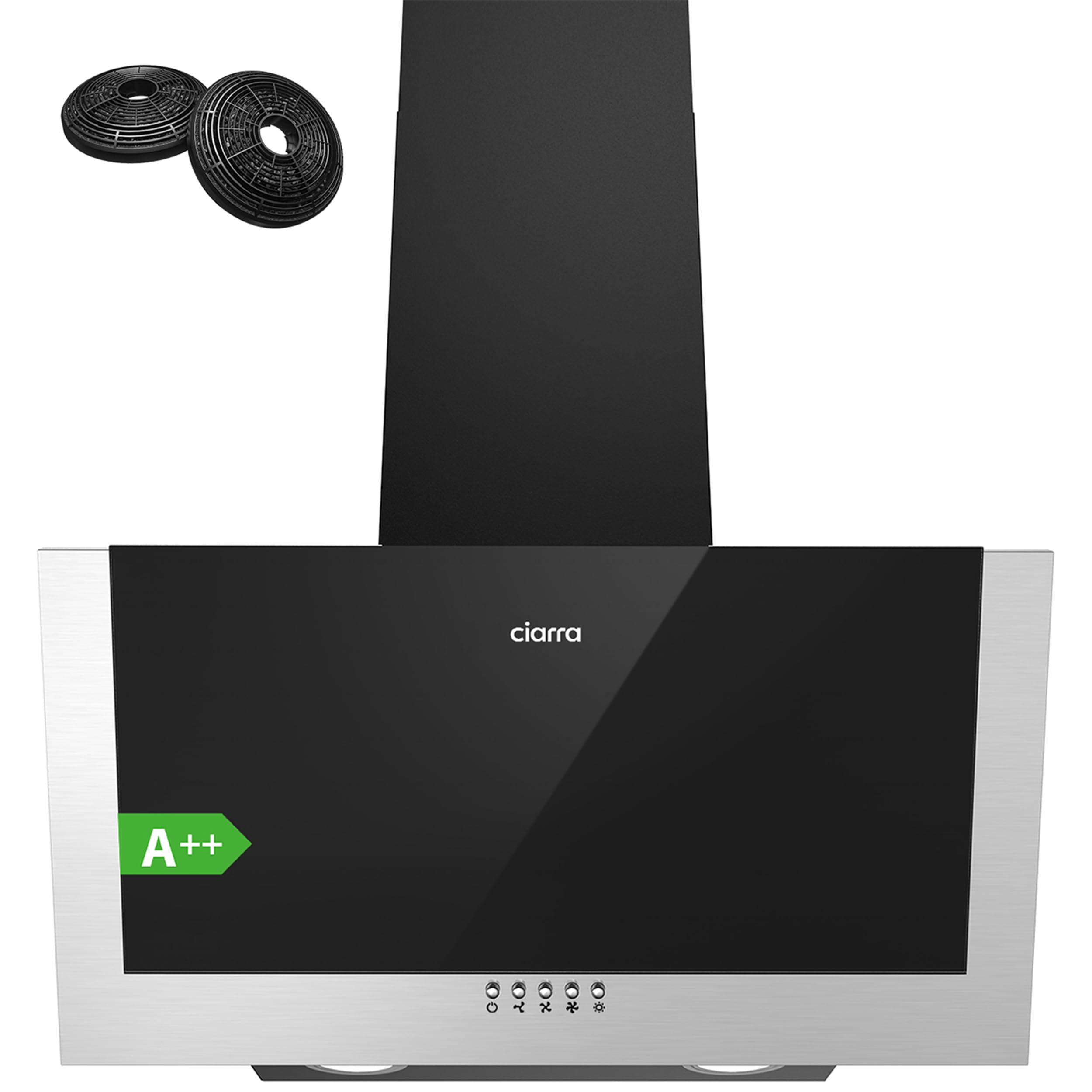 CIARRA CB6736CBK Campana Extractora 60cm Clase A++ 350m³/h 3 Velocidades Potencia Recirculación Interna por Filtro de Carbono de Bajo Extractor Cocina Consumo Cristal y Acero inoxidable