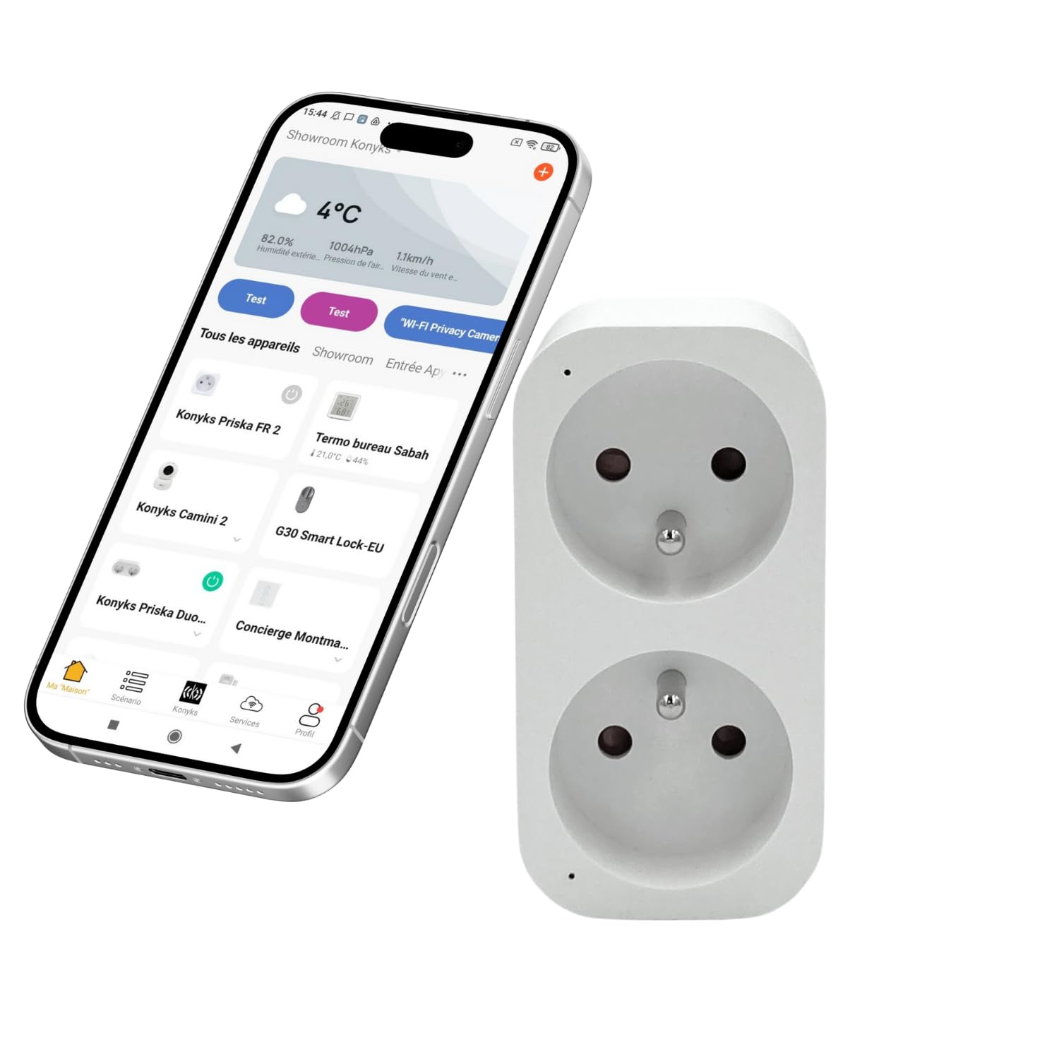 Konyks Priska Duo FR prise double Wi-Fi + BT, contrôle ON/OFF à distance, suivi de la consommation des 2 appareils simultanément, compatible Smartlife et Tuya, Amazon Alexa et Google Home