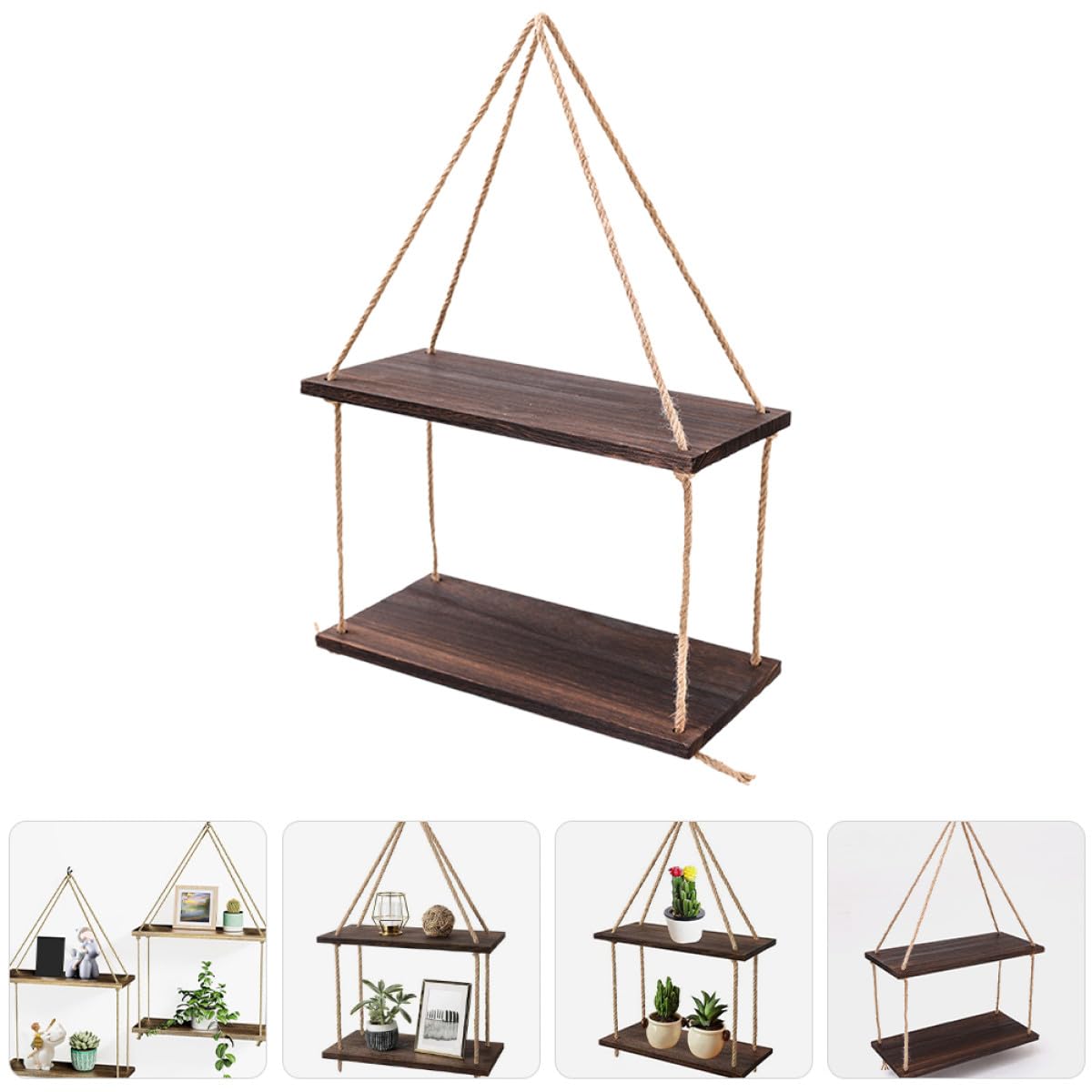 Mensole Sospese da Parete Rustiche in Legno Corda di Juta Set Piccolo Porta Piante e Oggetti Decorativi per Soggiorno Camera da Letto e Studio Scaffali Sospesi Multifunzionali