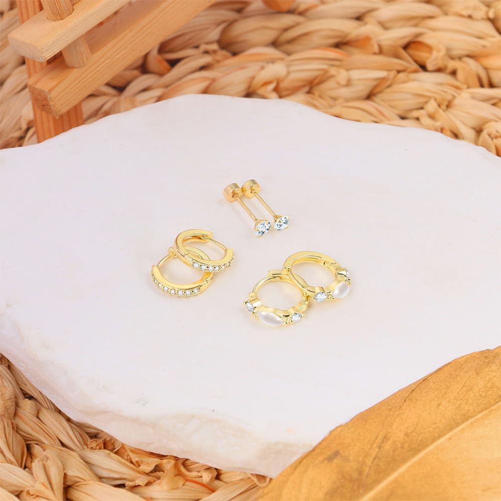 3Pairs Gold Huggie Hoop Stud Earrings Set for Women Trendy, Dainty Small 14K Gold Plated Hypoallergenic Earrings for Multiple Piercing, Minimalist CZ Cartilage Earrings for Women - Image 5