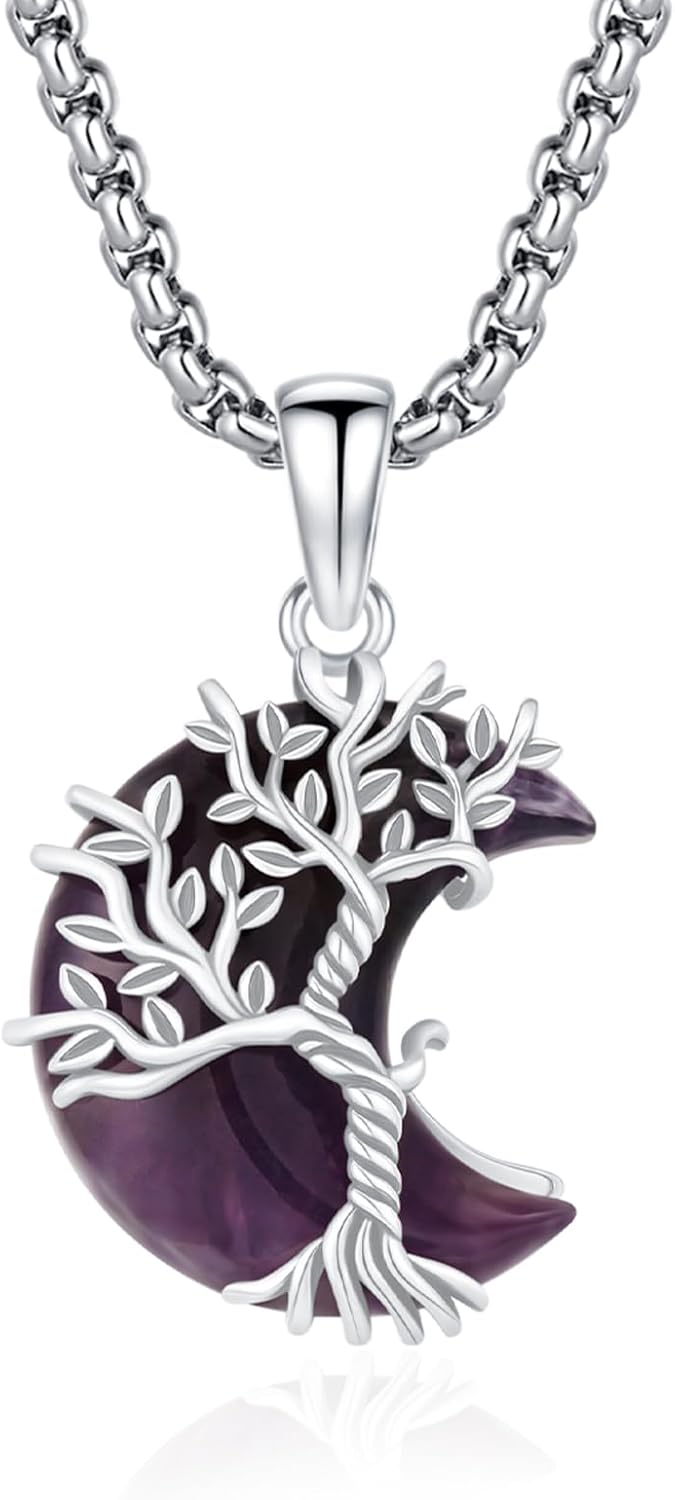 925 Sterling Silver Tree of Life Necklace, Crescent Moon Pendant with Amethyst, Moon Crystal Healing Jewelry Gift for Women