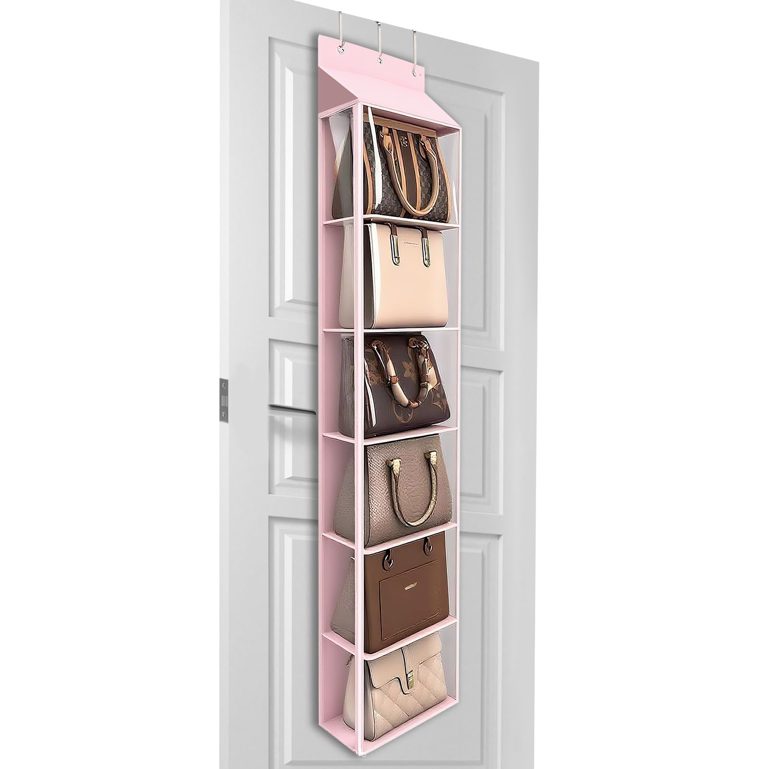 Lirex Over The Door Purse Organizer, 6-Pocket Handbag Hanging Organizer with Zipper, Clothing Closet Purse Hanger for Scarves, Hats, Leggings, S (30 x 12.8 x 131 cm), Pink
