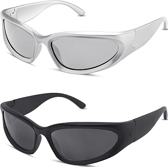 milramtob Y2K Wrap Around Sunglasses Trendy Silver Glasses Retro 90s Shades Women Futuristic