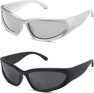 milramtob Y2K Wrap Around Sunglasses Trendy Silver Glasses Retro 90s Shades Women Futuristic