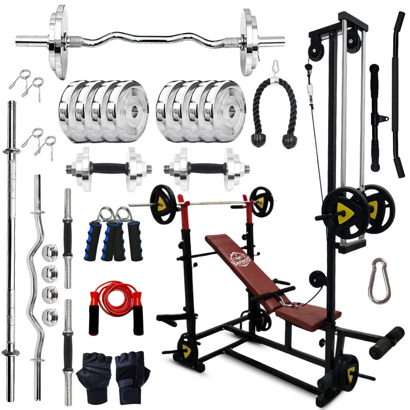 10KG Steel Plates Combo with 20-in-1 Adjustable Bench with U-Hook, Lat Pulldown, Curl Rod, Straight Bar, Dumbbells, Skipping Rope, Gloves & Gripper – Home Gym Fitness Kit-image-31