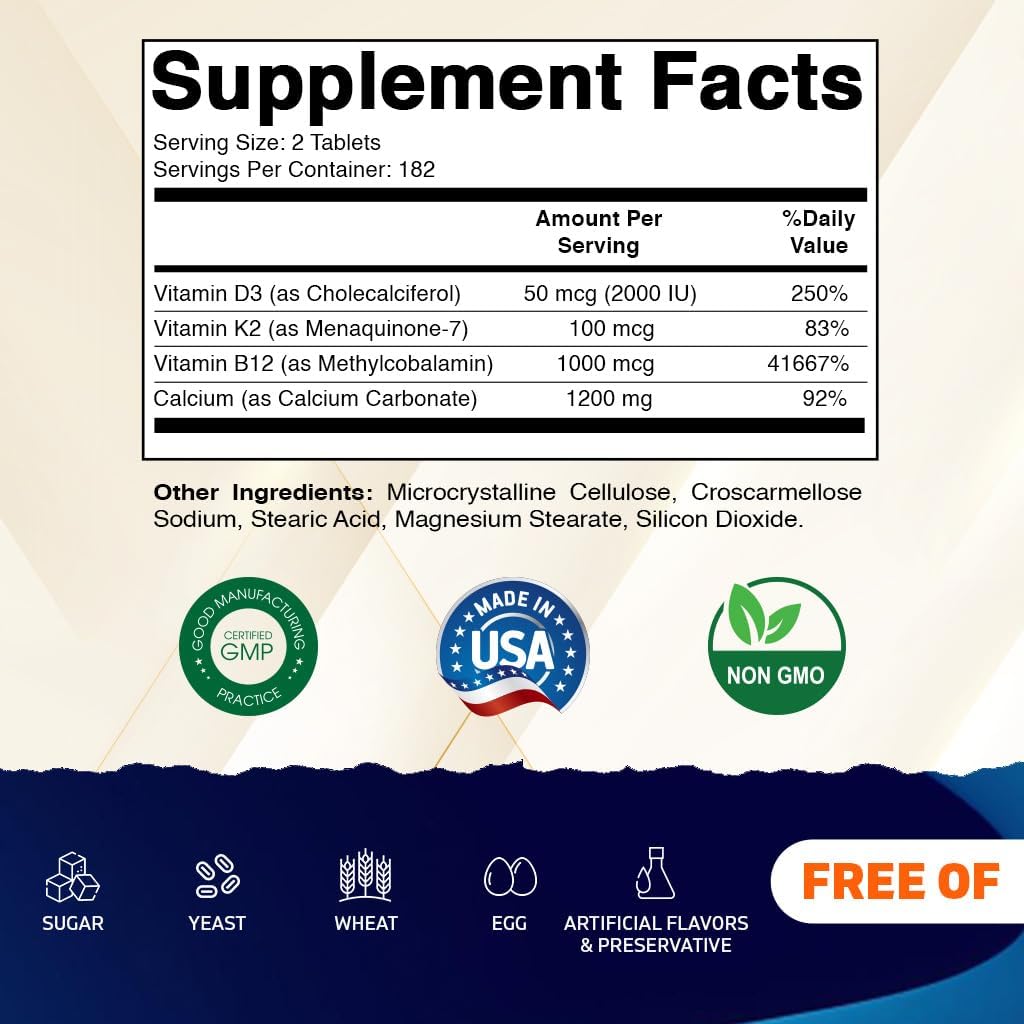 Vitamatic Calcium Supplement 1200mg with D3, K2 & B12, Immune & Bone Health Support - 365 Coated Tablets- 2 Pack