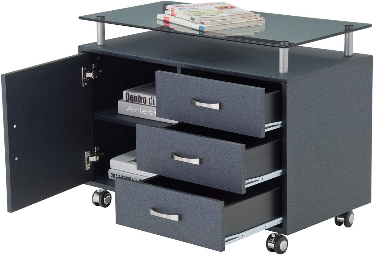 TECHNI MOBILI Rolling Storage Cabinet With Frosted Glass Top. Color: Graphite