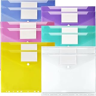 Plastic Wallets 12Pcs A4 Punched Wallets Folders Assorted Colours with Label Pocket Document Files Popper Wallets for Home, Office, School