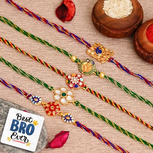 Image of eCraftIndia Set of 5 Designer Rakhis for Brother Bhaiya Bhai | Best Bro Ever Fridge Magnet | Raksha Bandhan Rakhi Combo | Roli Chawal Pack