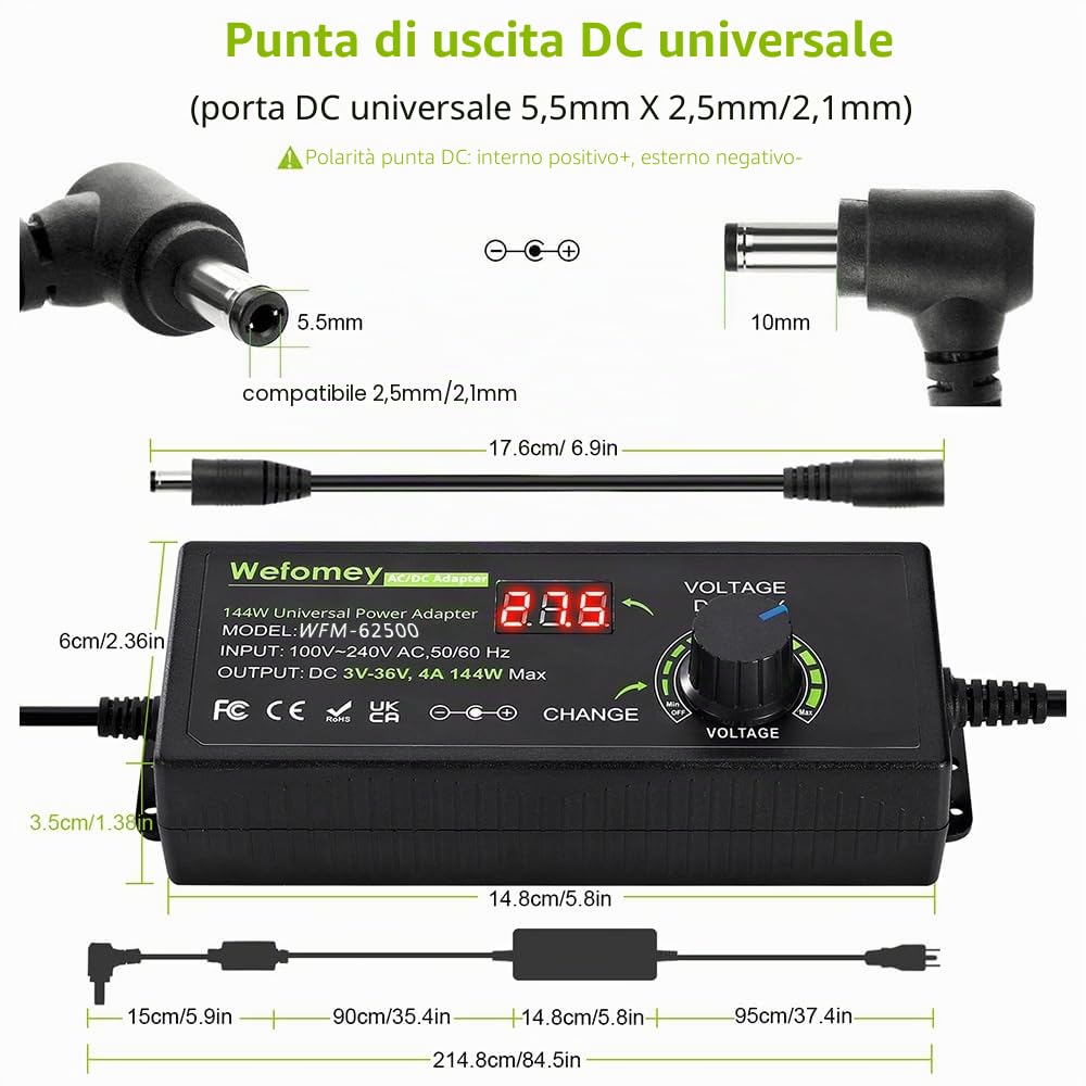 Alimentatore regolabile da 3 a 36 V, 144 W, adattatore universale AC/DC, 100 V-240 V AC a DC con indicatore di tensione LED e 14 punte, per elettronica domestica da 3 V-36 V