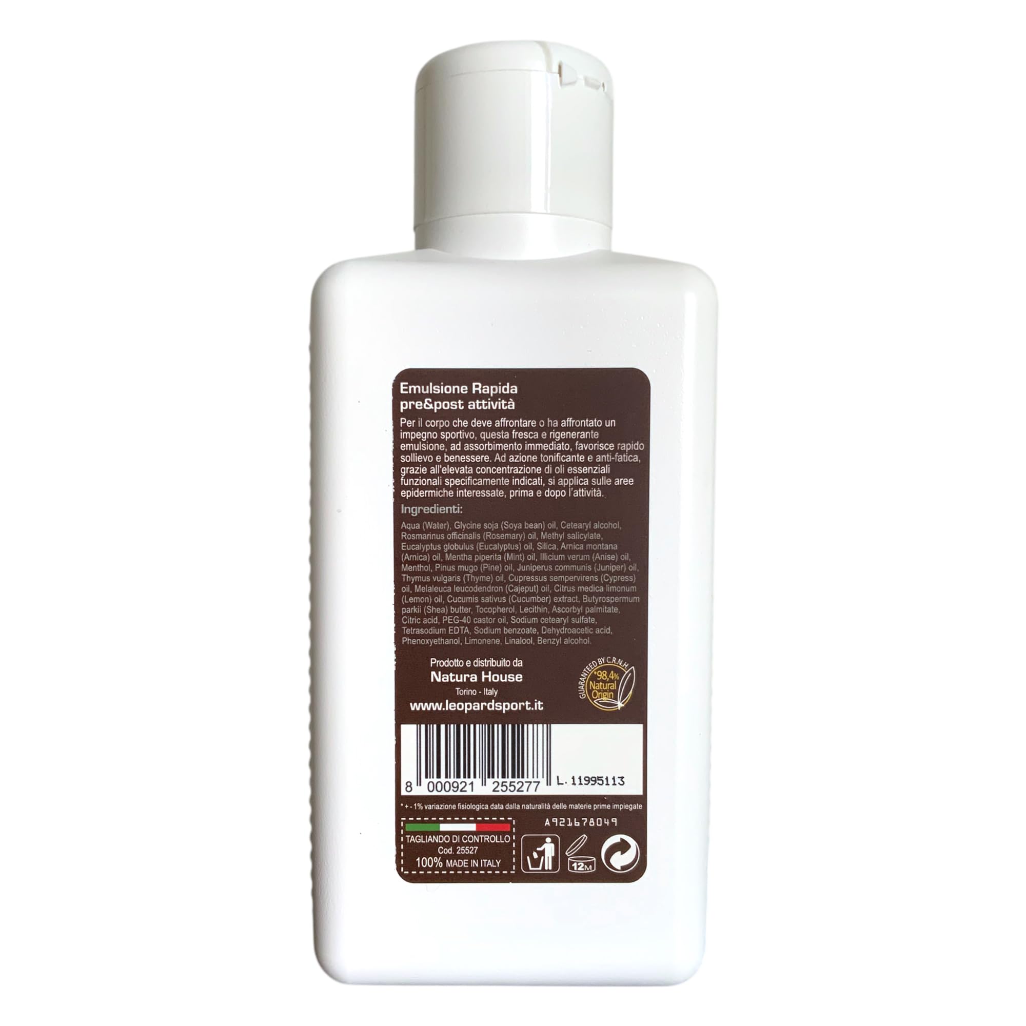 LEOPARD SPORT Emulsione Rapida Massaggio Pre e Post Attività, Crema Defaticante Gambe Sport, Crema Riscaldante Muscoli Sportiva con Arnica e Oli Essenziali, 500ml, 98,4% Naturale