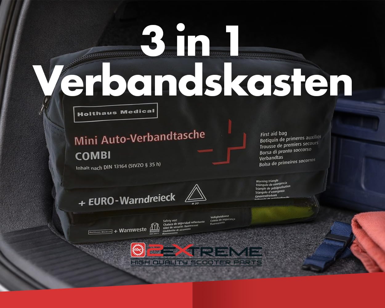 2EXTREME Mini Auto Verbandskasten DIN13164-3in1 mit Warndreieck und Warnweste für KFZ Motorrad Roller Quad Made in Germany
