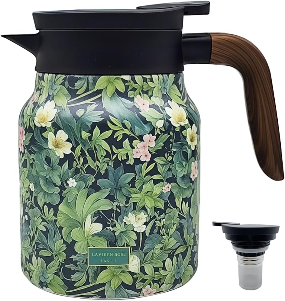 1000ml Smart Temperature Control Vintage Floral Tea Thermos Stainless Steel Insulated Mug with Built-In Filter Double Wall Vacuum Travel Tumbler for Hot Cold Drinks (Flowers and Plants)