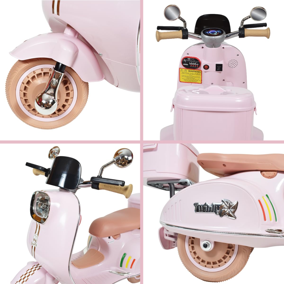 Twinly - Scooter elettrico per bambini con caricabatterie, acceleratore a pedale e funzionalità USB, luce e MP3 Bluetooth (Rosa)