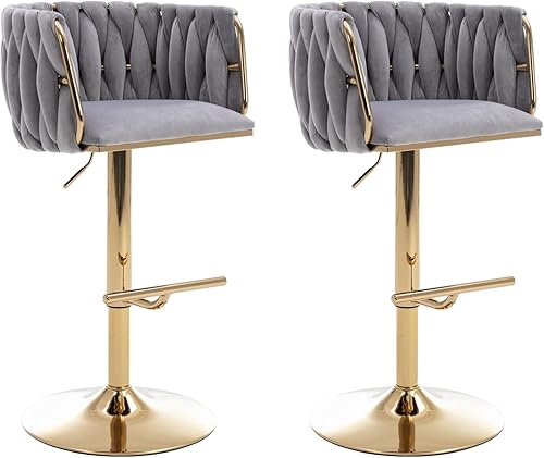 HEAH-YO Juego de 2 taburetes de bar giratorios, taburetes de bar ajustables con respaldo tejido y base dorada estable, taburetes de cocina de