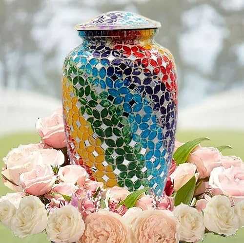 Rainbow Mosaic Funeral Urn - Handmade Cremation Urn with Individual Pieces of Glass - Large Size for Adults up to 200 lbs - Human Ashes - Cemetery Burial Home or Funeral