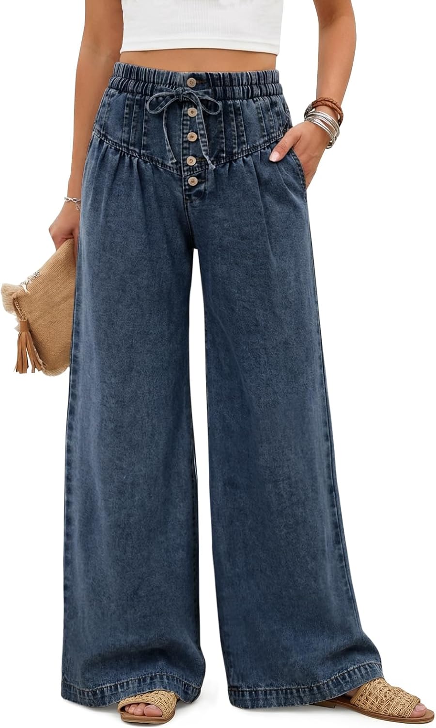 Tankaneo Womens Wide Leg Baggy Jeans Pleated Elastic High Waisted Drawstring Palazzo Denim Pants with Pockets
