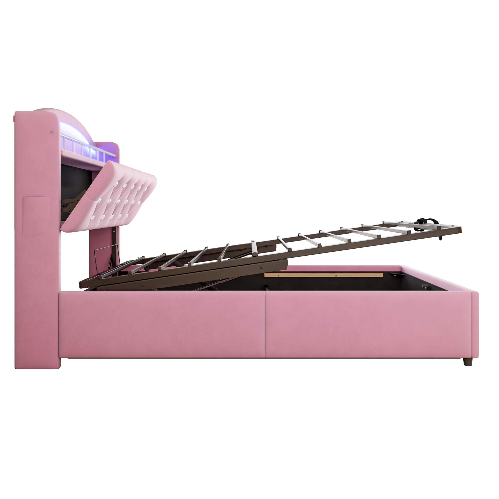 Letto imbottito per bambini,90x200cm,3 USB+C,illuminazione a LED,contenitore idraulico,contenitore e tasche laterali,letto multifunzionale,letto singolo,velluto,senza materasso,Rosa