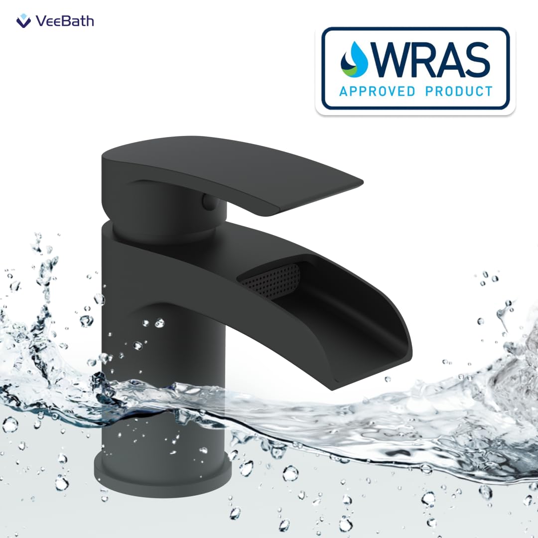 VeeBath Stream Robinet mitigeur de lavabo rond cascade mono, finition noire mate, levier unique, robinet d'évier moderne avec bonde de vidage, robinet de salle de bain monté sur le plateau, design
