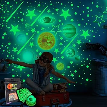 HASTHIP 110pcs 3D Luminous Wall Paper Sticker Night Glow Solar System Theme Wall Decoration Sticker Fluorescent Planet Wall Sticker, Starry Bedroom, self-adhesive, 15 cm - image, photos
