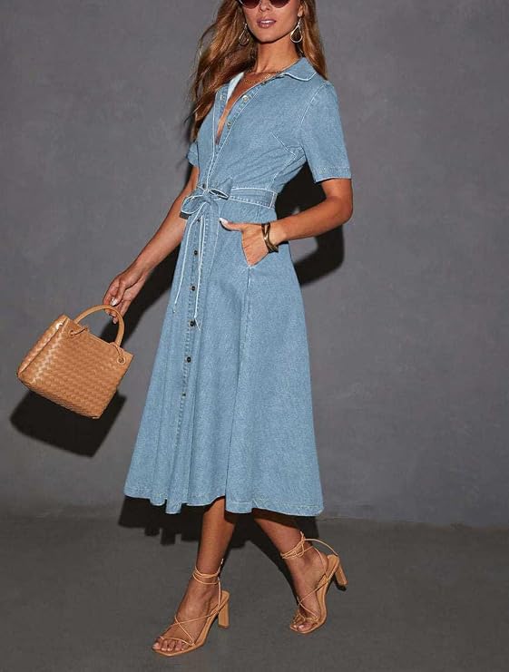 chouyatou Women Summer Belted Button Down Denim Shirt Dress Business Casual Short Sleeve Jean Shirt Dress
