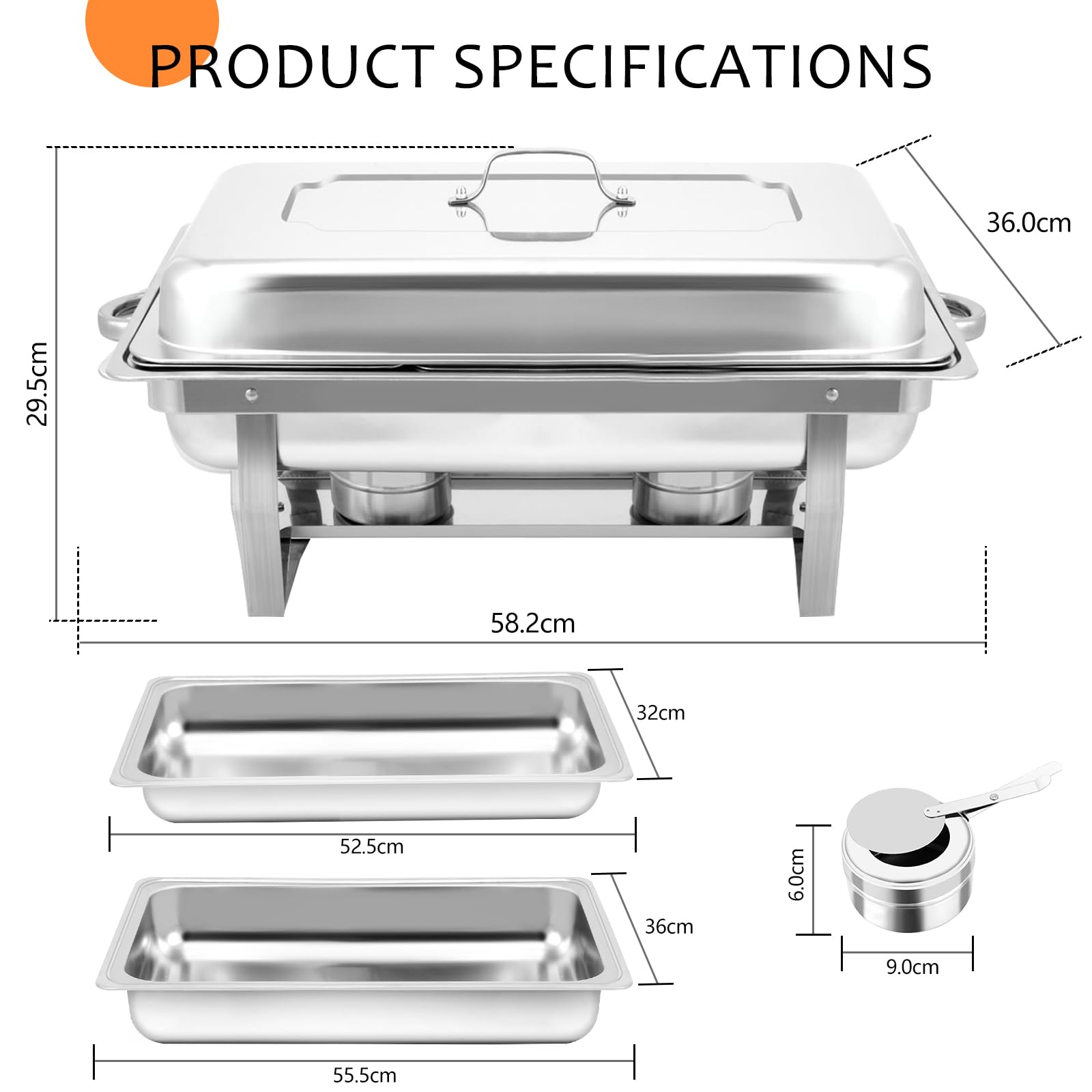 4 Pezzi Set Buffet Scaldavivande, 9L in Acciaio Inox per Catering con teglie, Scaldavivande da Catering per Feste, Chafing Dish Buffet Set, Feste, Matrimoni, Banchetti, per Servire
