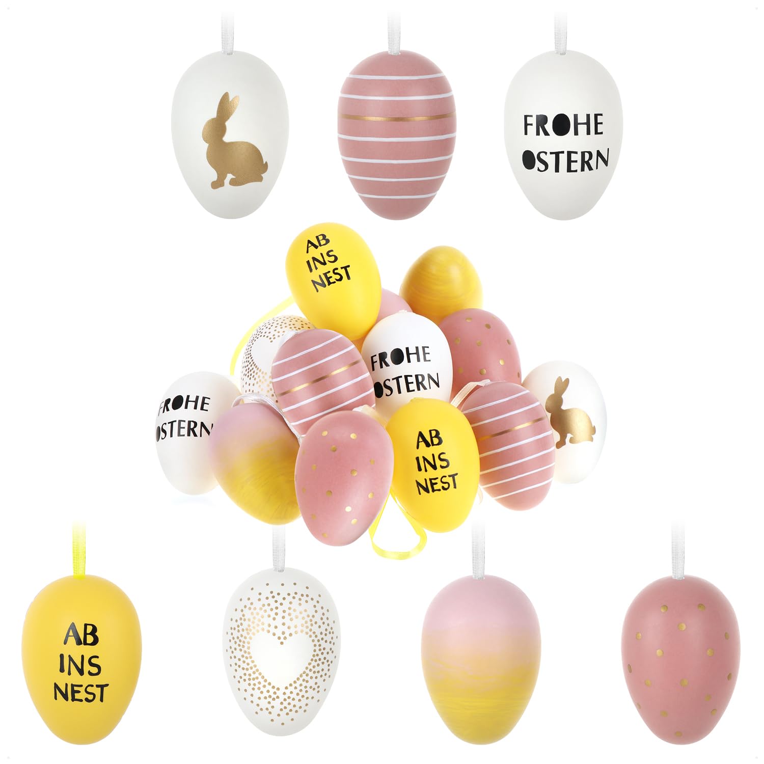 com-four® 16x Ostereier zum Aufhängen - Bunte Ostereier mit Motiv und Schriftzug - Hängedeko für den Osterstrauß (16 Stück - gelb/weiß/pink)