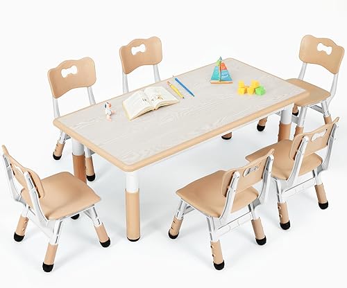 Miniatura 1 de Arlopu Juego de mesa de estudio y 6 sillas para niños, mesa de graffiti ajustable en altura, mesa de manualidades para actividades preescolares para