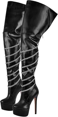 richealnini Platform Heel for Women Stiletto Over the Knee High Boots with Chains Party Wedding