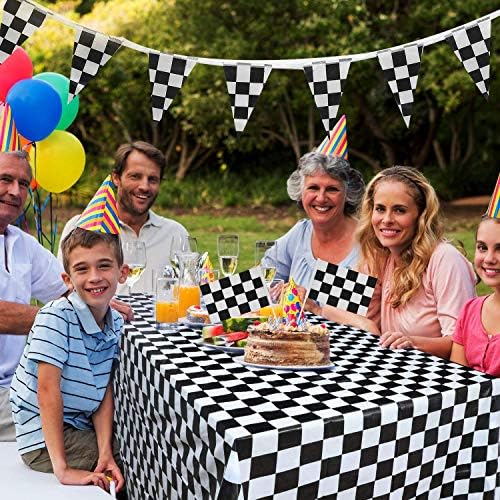Newthinking Checkered Racing Party Table Cloth, 2 Pack 54" X 108" Rectangular Wipe Clean Plastic Table Cover for Party Decorations, Racing, Birthday Party Supplies(Black and White Checkered)