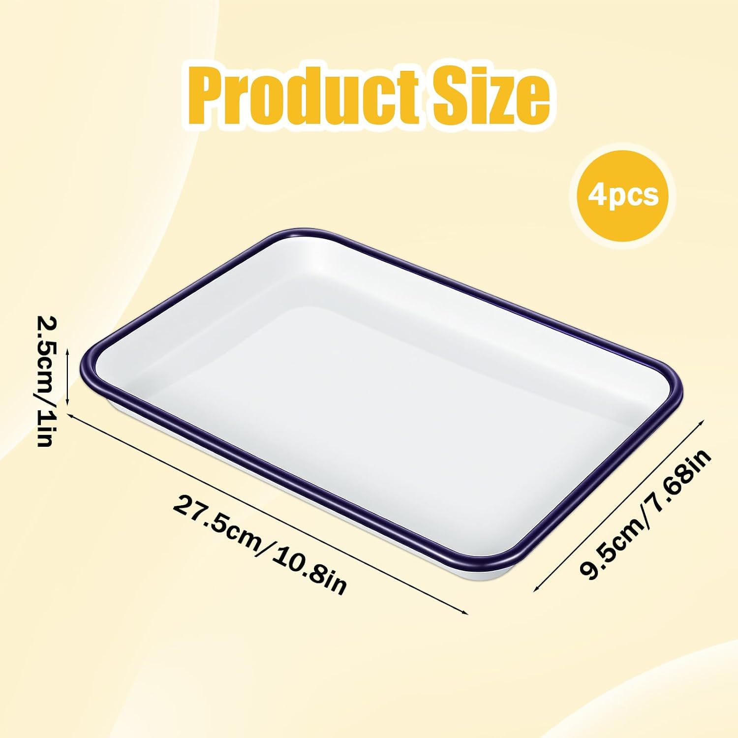 4 Pack Enamel Butcher Tray Palette - 10.8x7.68 Inch Rectangular White Baking Pans with Navy Blue Rim, Multi-Use Serving Trays, Artist Palettes & Tabletop Organizers