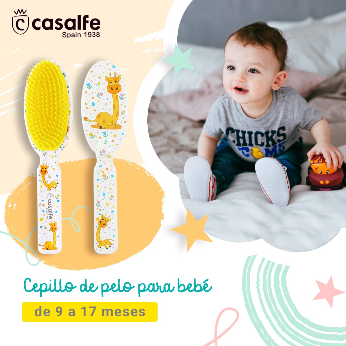 Brosse à cheveux pour bébé de 9 à 17 mois - Avec pointes souples et souples - Idéal pour nettoyer la côte lactée sans douleur ni inconfort - Sans BPA - Avec dessin de girafes - Ecofriendly - Casalfe