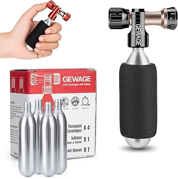GEWAGE CO2 Air Pump for Bicycle Tyres - Includes 4 Pack CO2 Capsules 16g with Thread, Compatible Presta & Schrader Valve for Mountain & Road Bikes