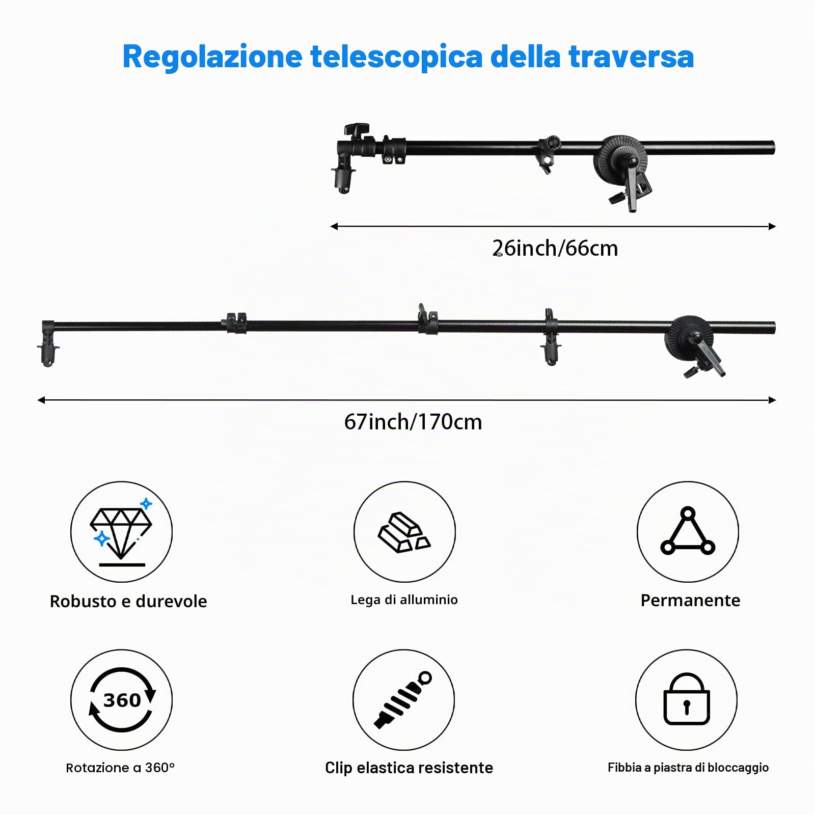 Supporto riflettore, braccio estensibile 66 – 170 cm, supporto allungabile per riflettore fotografia a 360 gradi girevole per studio fotografico