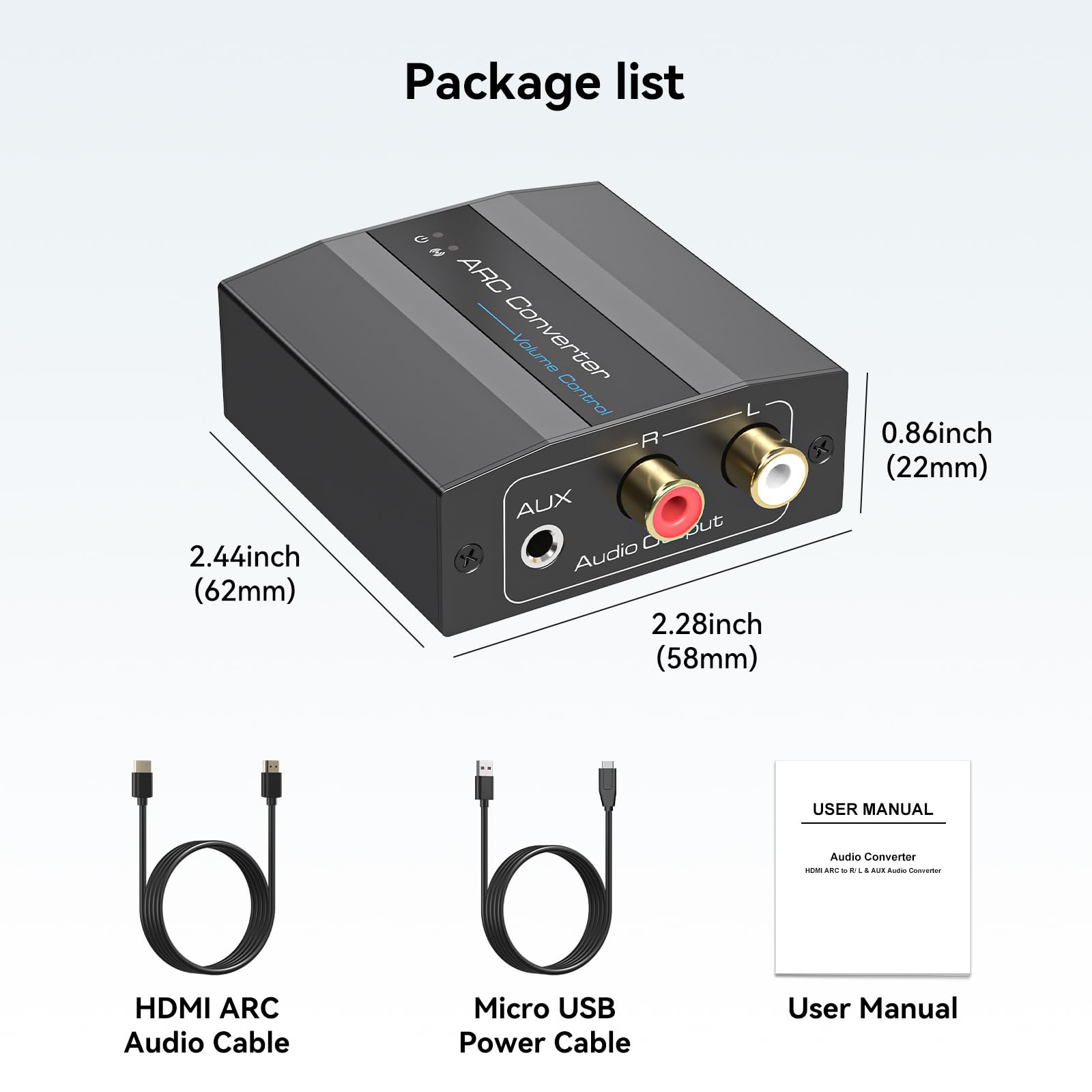 VEDINDUST HDMI ARC Adapter ARC Audio Extraktor RCA L/R 3,5 mm AUX Stereo mit USB-Netzversorgung & HDMI-ARC Kabel Aluminiumlegierung für PS4/5 HDTV Verstärker
