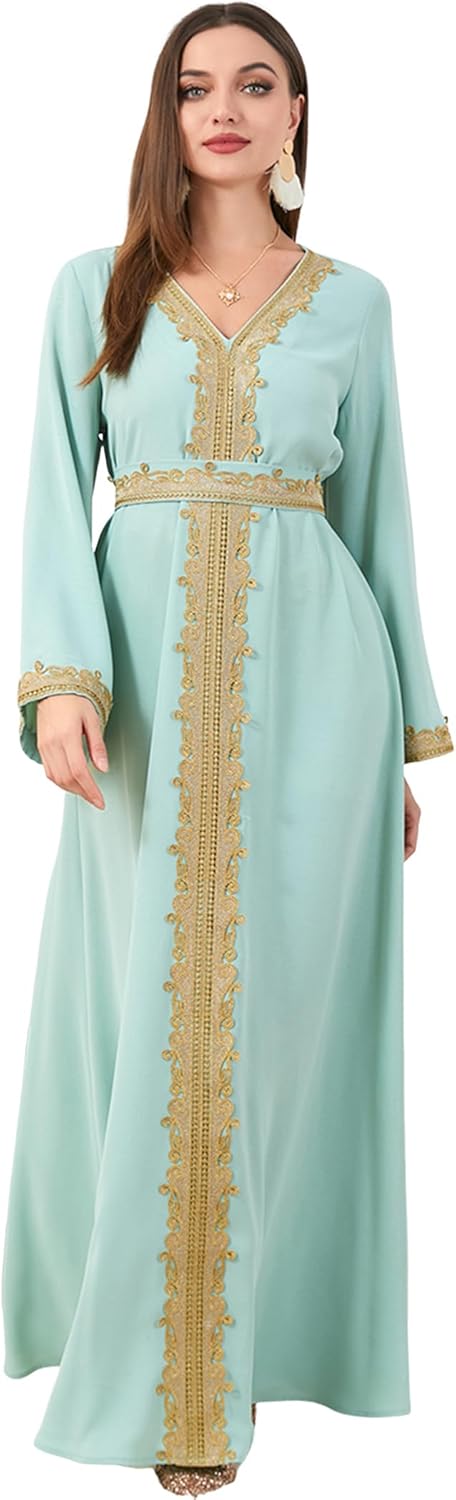 Muslim Dresses for Women One Piece Long Sleeve V Neck Floral Print Islamic Prayer Dress Abaya Kaftan