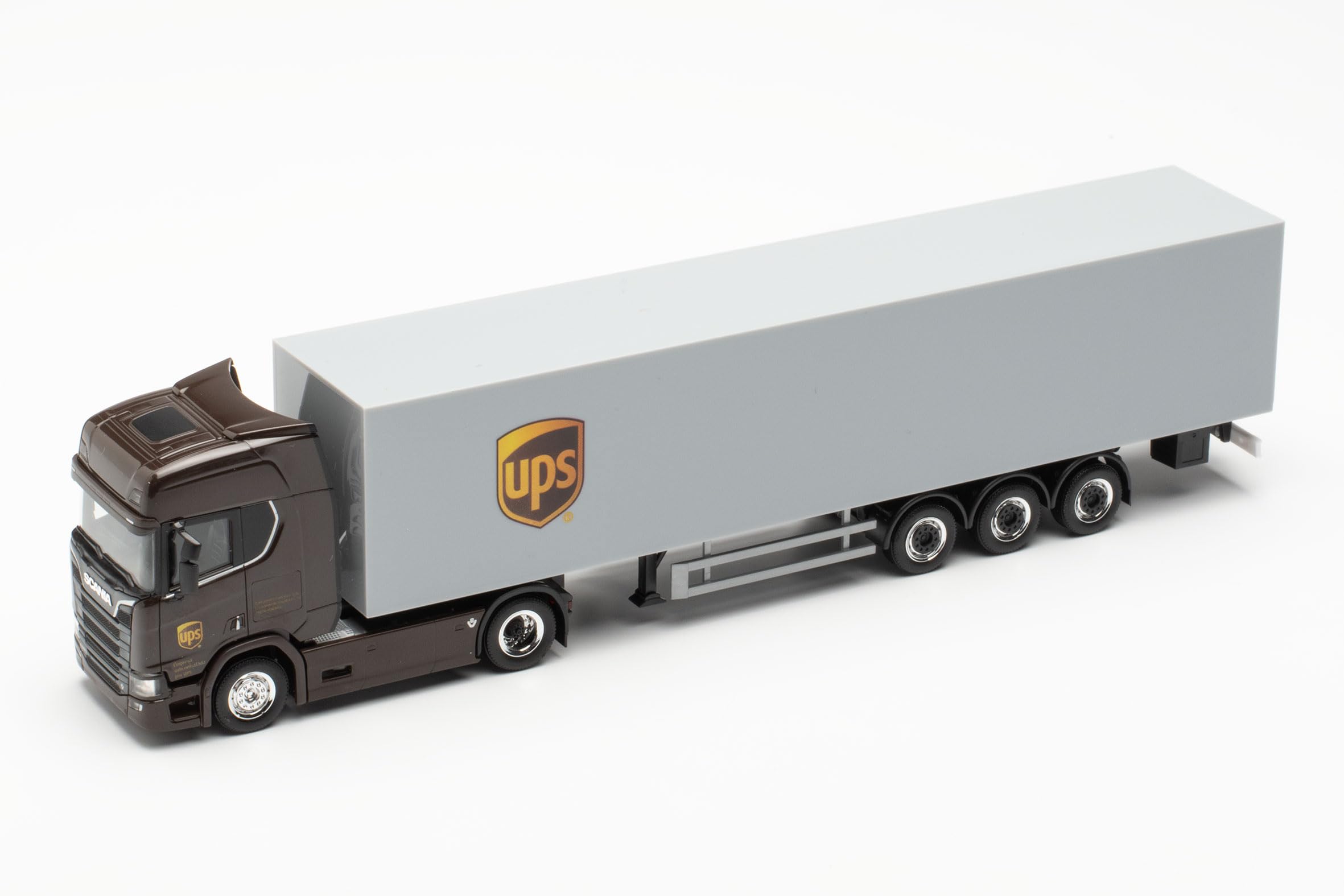 herpa LKW Modell Scania CR 20 HD mit Zwei Koffer-Aufliegern UPS Spanien (Spanien/Madrid), Miniatur im Maßstab 1:87, Sammlerstück, Made in Germany, Kunststoff