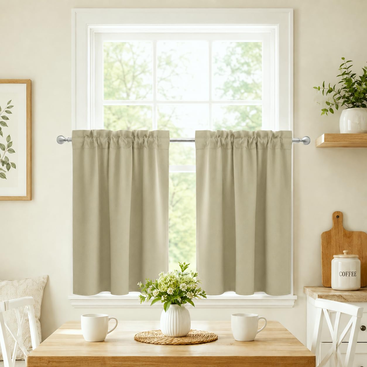 Aquazolax Tier Curtains for Small Windows, Black Out Rod Pocket Room Dareknging Window/Door Short Café Curtains, 2 Panels in Beige, Narrow 28 x 36 inch (WxL) — image 1