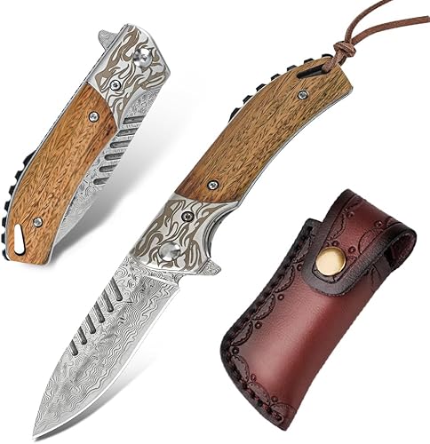 Cottonbell Cuchillo de bolsillo de Damasco para hombre, mango de madera, cuchillos plegables para camping, pesca, senderismo, caza, regalo